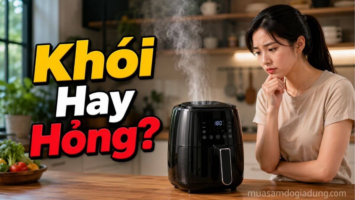 Nồi chiên không dầu bốc khói trắng nhẹ khi đang hoạt động trong bếp