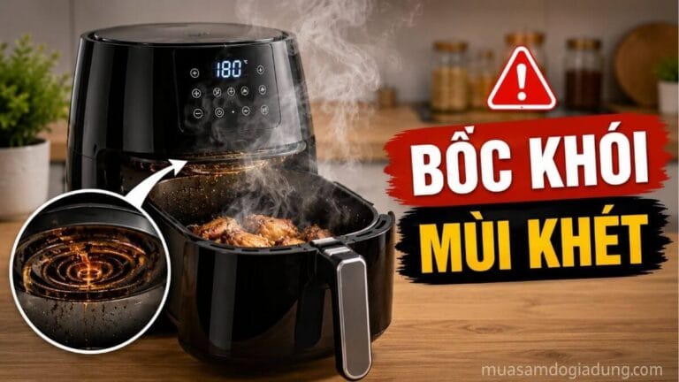 Nồi chiên không dầu bốc khói và có mùi khét do dầu mỡ tích tụ bên trong khoang chiên