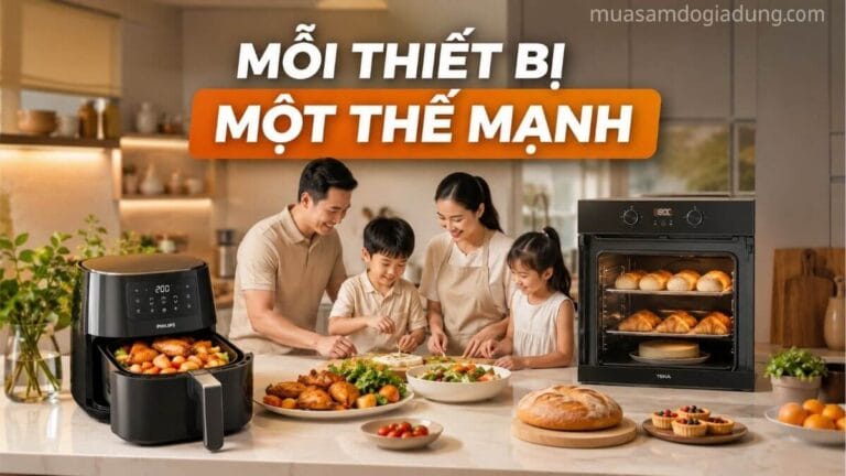Nồi chiên không dầu và lò nướng được sử dụng trong cùng một căn bếp gia đình