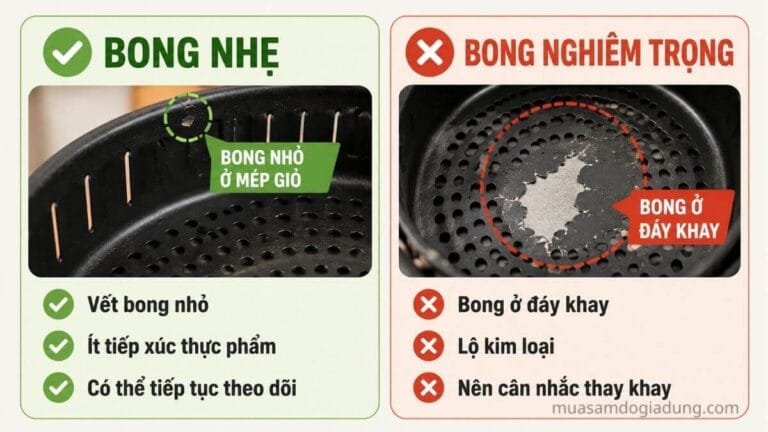 Phân biệt mức độ bong chống dính nồi chiên không dầu từ bong nhẹ ở mép giỏ đến bong nghiêm trọng ở đáy khay