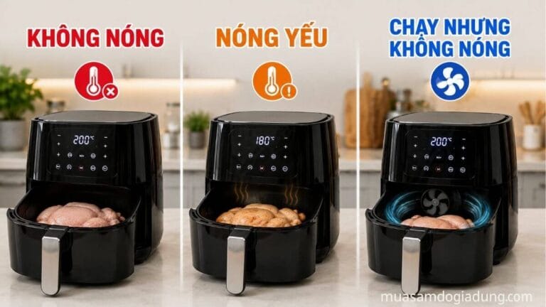Ba tình trạng nồi chiên không dầu gồm không nóng hoàn toàn nóng yếu và chạy nhưng không nóng