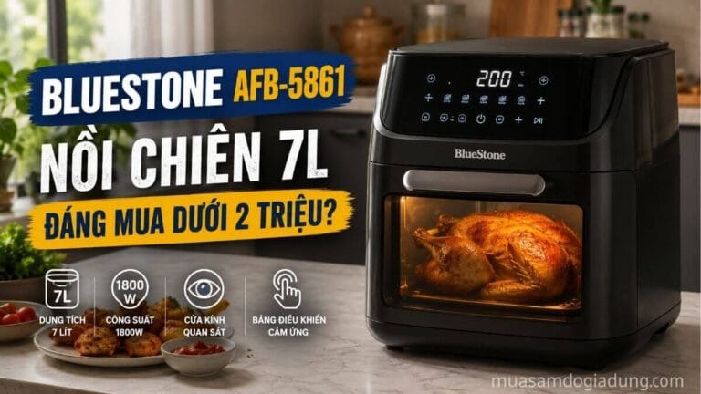 Thiết kế tổng thể nồi chiên không dầu BlueStone AFB-5861 dung tích 7 lít với cửa kính quan sát và bảng điều khiển cảm ứng