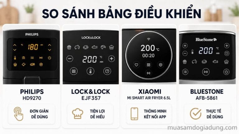 So sánh bảng điều khiển nồi chiên không dầu Philips, Lock&Lock, Xiaomi và BlueStone dễ sử dụng