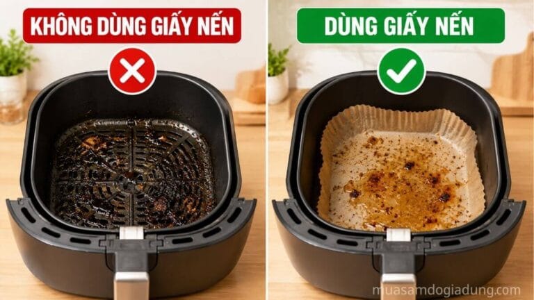 So sánh khay nồi chiên không dầu khi dùng giấy nến và không dùng giấy nến