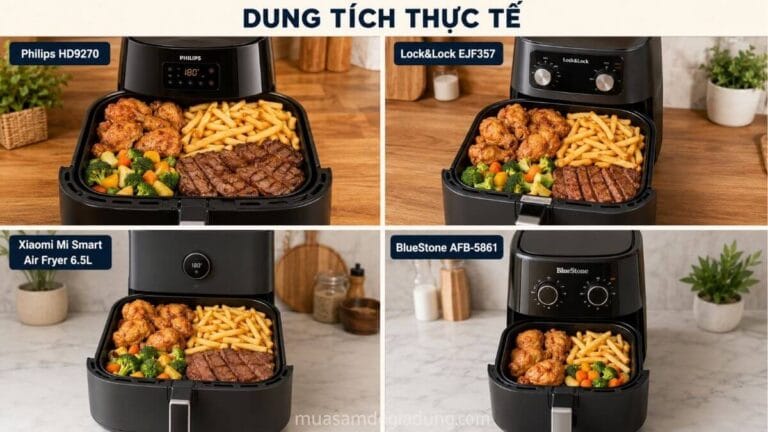 So sánh dung tích thực tế nồi chiên không dầu Philips, Lock&Lock, Xiaomi và BlueStone cho gia đình 3 đến 6 người
