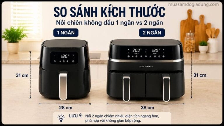 So sánh kích thước thực tế của nồi chiên không dầu 1 ngăn và 2 ngăn trên mặt bếp gia đình