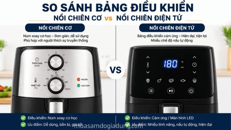 So sánh nồi chiên không dầu cơ và điện tử qua bảng điều khiển núm xoay và cảm ứng