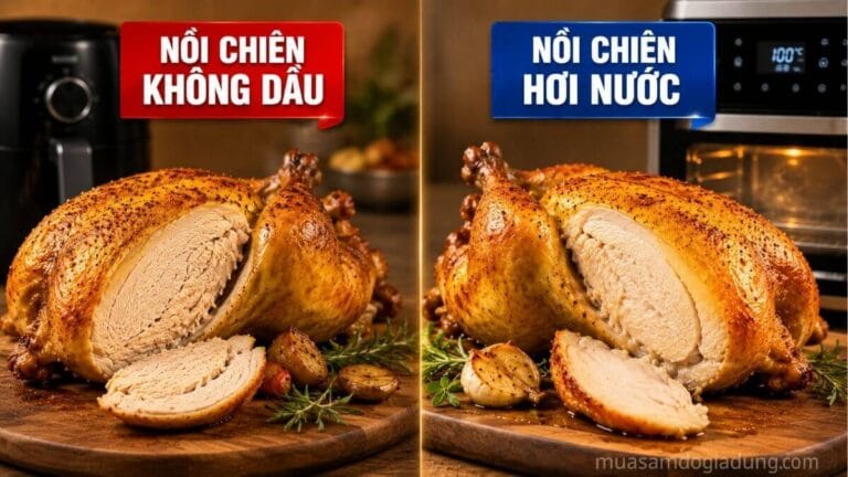 So sánh món gà nướng từ nồi chiên hơi nước và nồi chiên không dầu