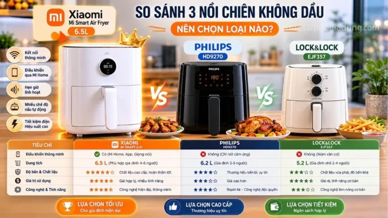 So sánh nồi chiên không dầu Xiaomi Mi Smart 6.5L với Philips HD9270 và Lock&Lock EJF357
