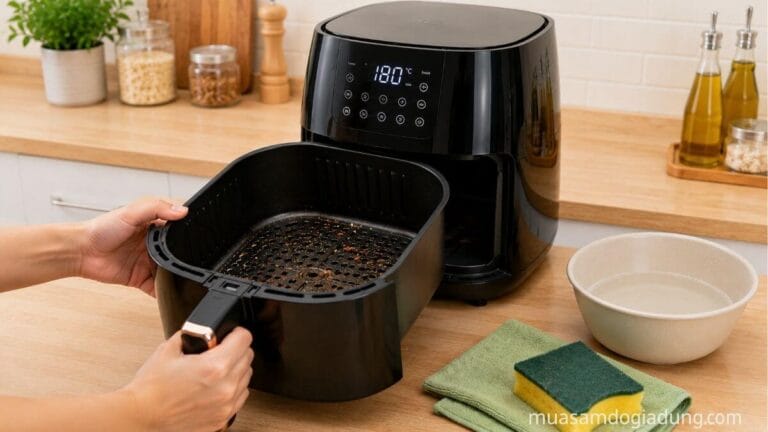 Người dùng tháo giỏ chiên để vệ sinh nồi chiên không dầu sau khi sử dụng