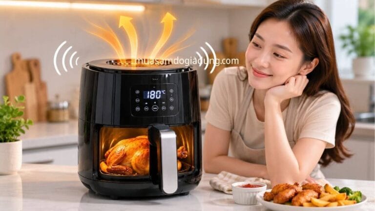 Nồi chiên không dầu đang hoạt động bình thường với tiếng quạt đối lưu
