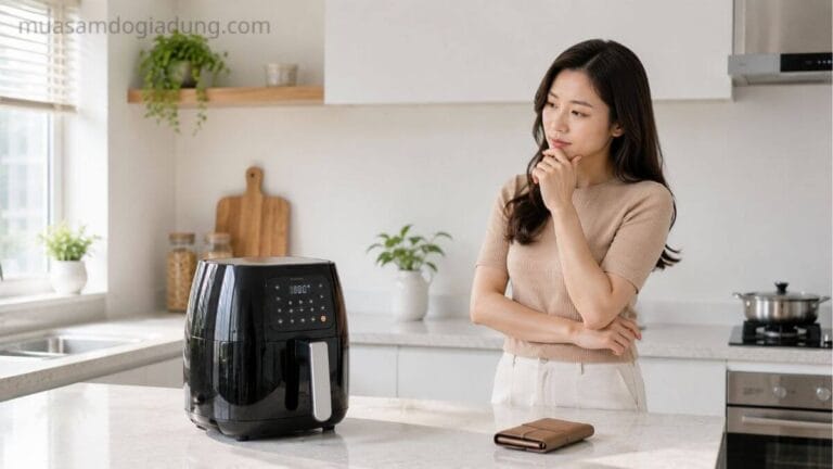 Người đang cân nhắc có nên mua nồi chiên không dầu trước khi quyết định.