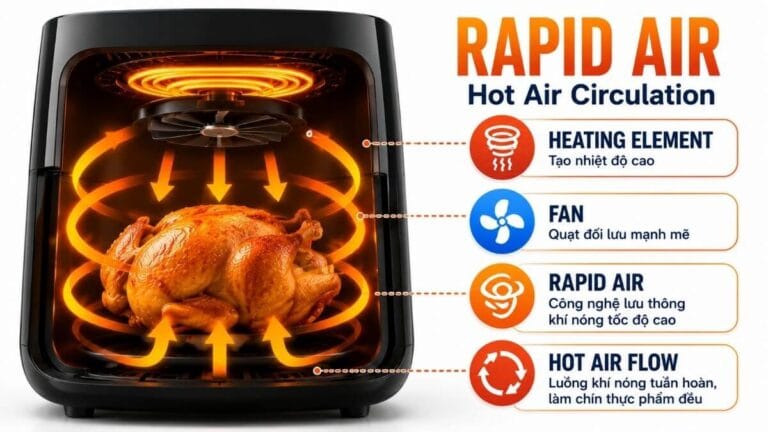 Minh họa nguyên lý hoạt động của công nghệ Rapid Air trên nồi chiên không dầu