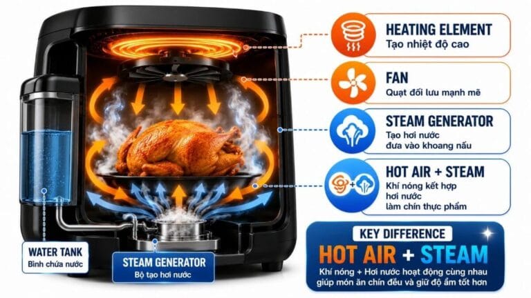 Minh họa nguyên lý hoạt động của công nghệ Steam Air Fryer kết hợp khí nóng và hơi nước