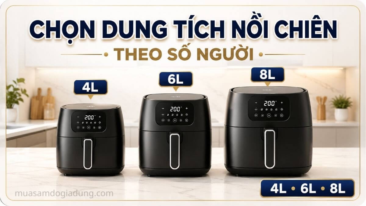 Gia đình mấy người nên mua nồi chiên không dầu bao nhiêu lít theo dung tích 4L 6L và 8L