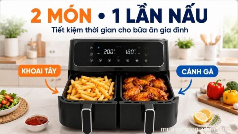Nồi chiên không dầu hai ngăn chế biến khoai tây và cánh gà cùng lúc trong một lần nấu.
