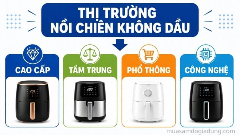 Sơ đồ phân nhóm các hãng nồi chiên không dầu phổ biến theo bốn nhóm thương hiệu.