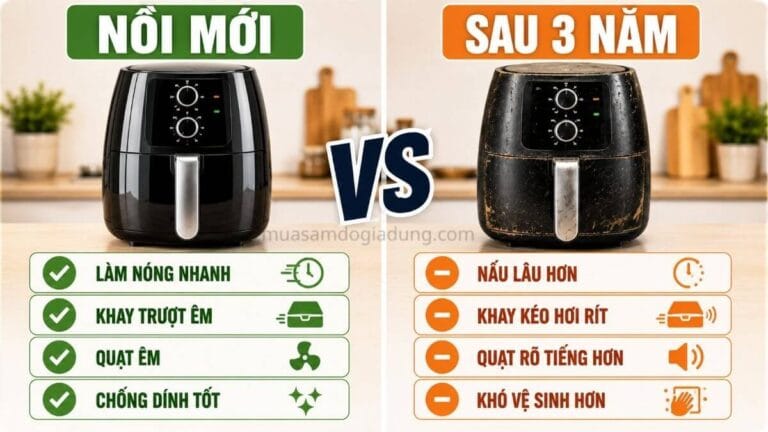 So sánh nồi chiên không dầu mới và sau 3 năm sử dụng