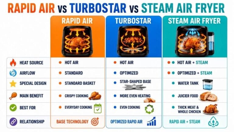 Bảng so sánh Rapid Air, TurboStar và Steam Air Fryer trên nồi chiên không dầu